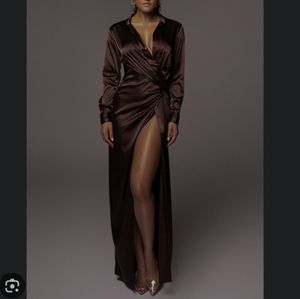 Jluxlabel Chocolate Solange Plunge High Split Maxi Dress M